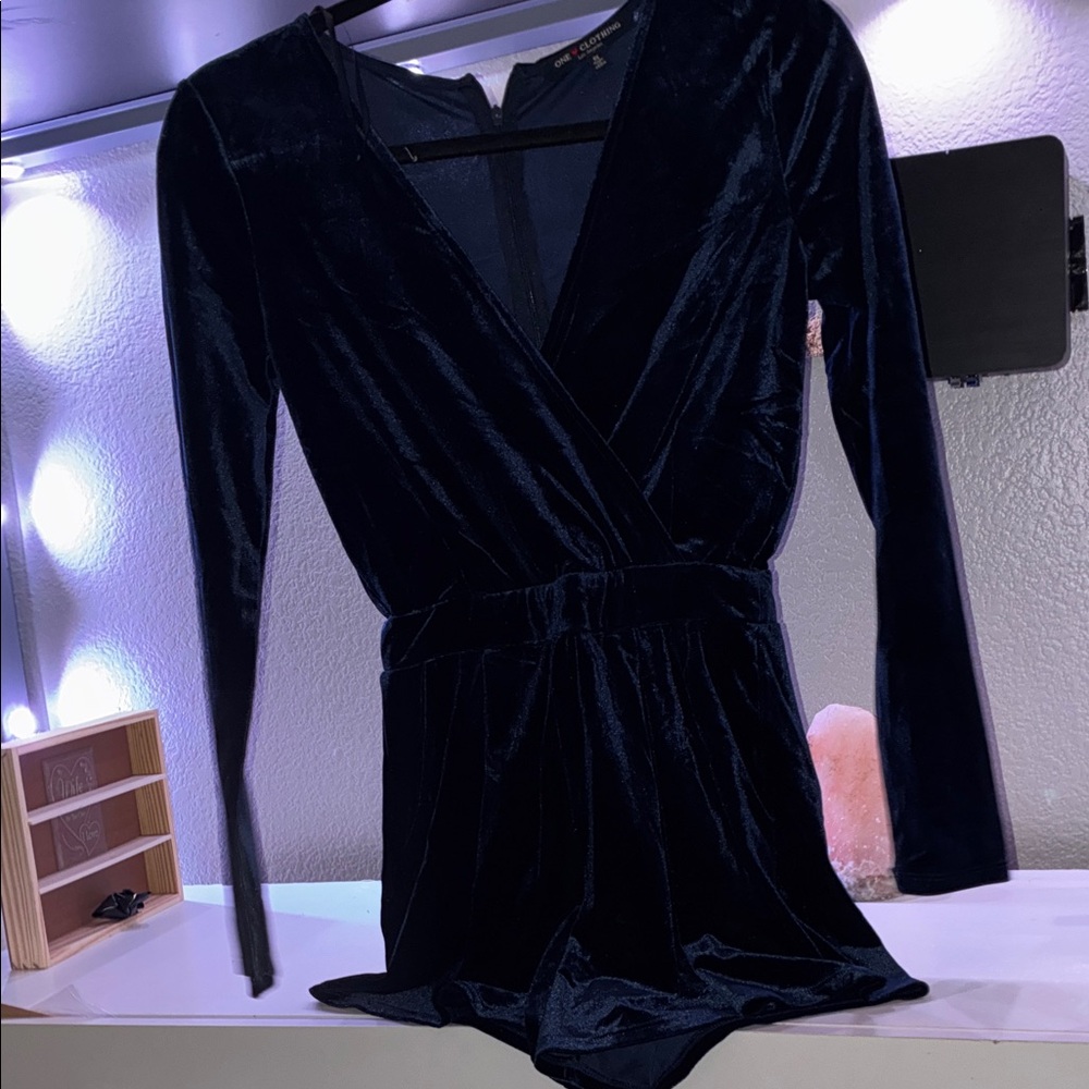 Velvet Long-Sleeve Wrap Romper - Navy